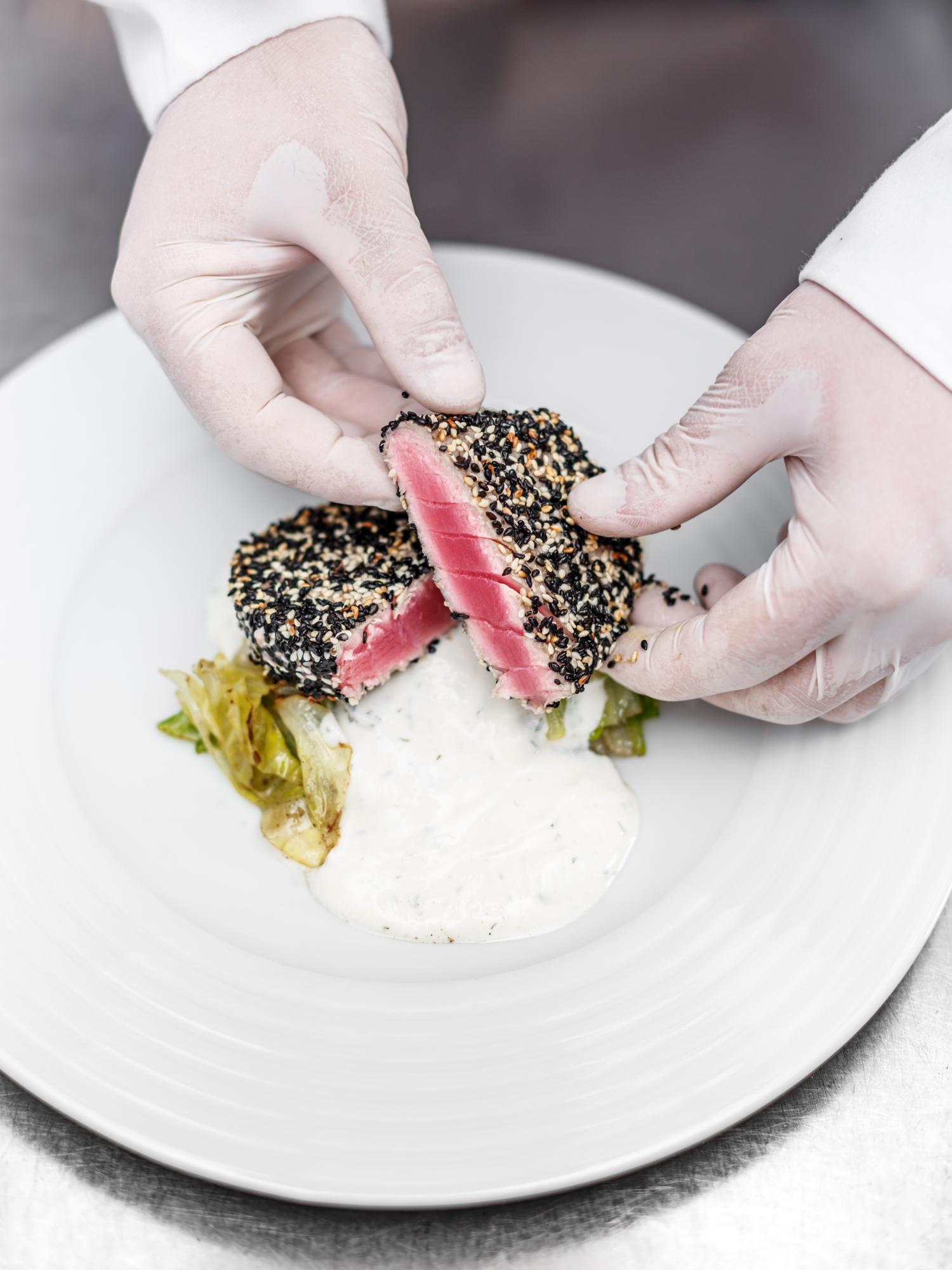 Close-up plated gourmet dish with garnish